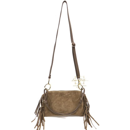 Small Italian Suede Fringe Bag with Shoulder and Crossbody Straps: Handmade Genuine Cowhide Suede Flat Purse