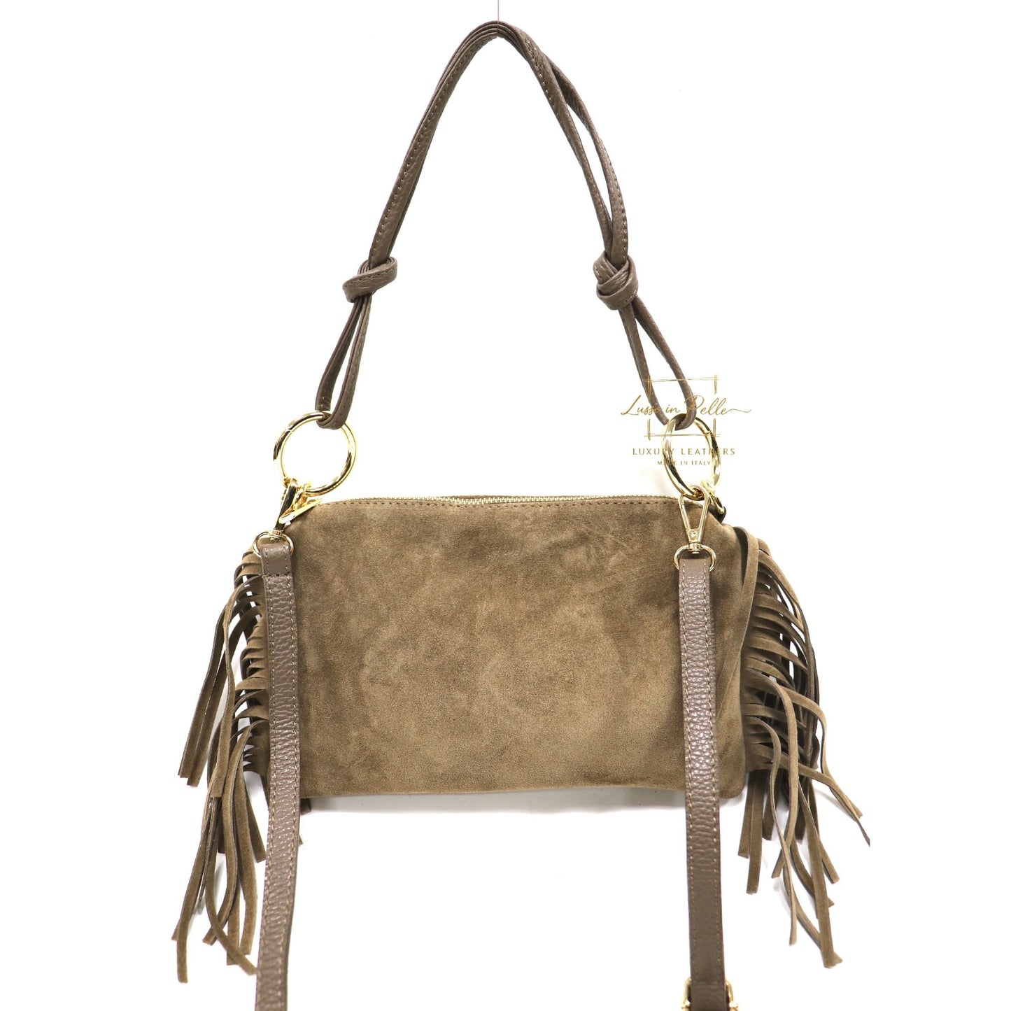 Small Italian Suede Fringe Bag with Shoulder and Crossbody Straps: Handmade Genuine Cowhide Suede Flat Purse