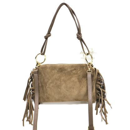 Small Italian Suede Fringe Bag with Shoulder and Crossbody Straps: Handmade Genuine Cowhide Suede Flat Purse