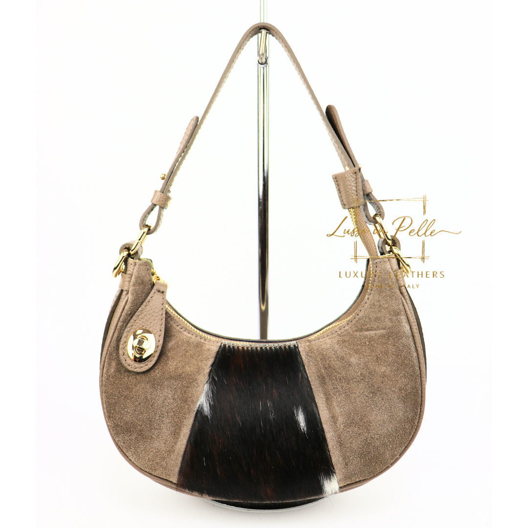 Small Half Moon Genuine Grain Leather Bag with Suede Front & Pony Hair Detail