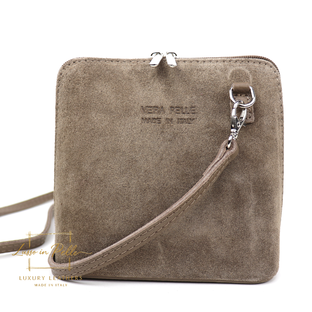 Small Suede Front Grain Leather Handbag with Detachable Straps