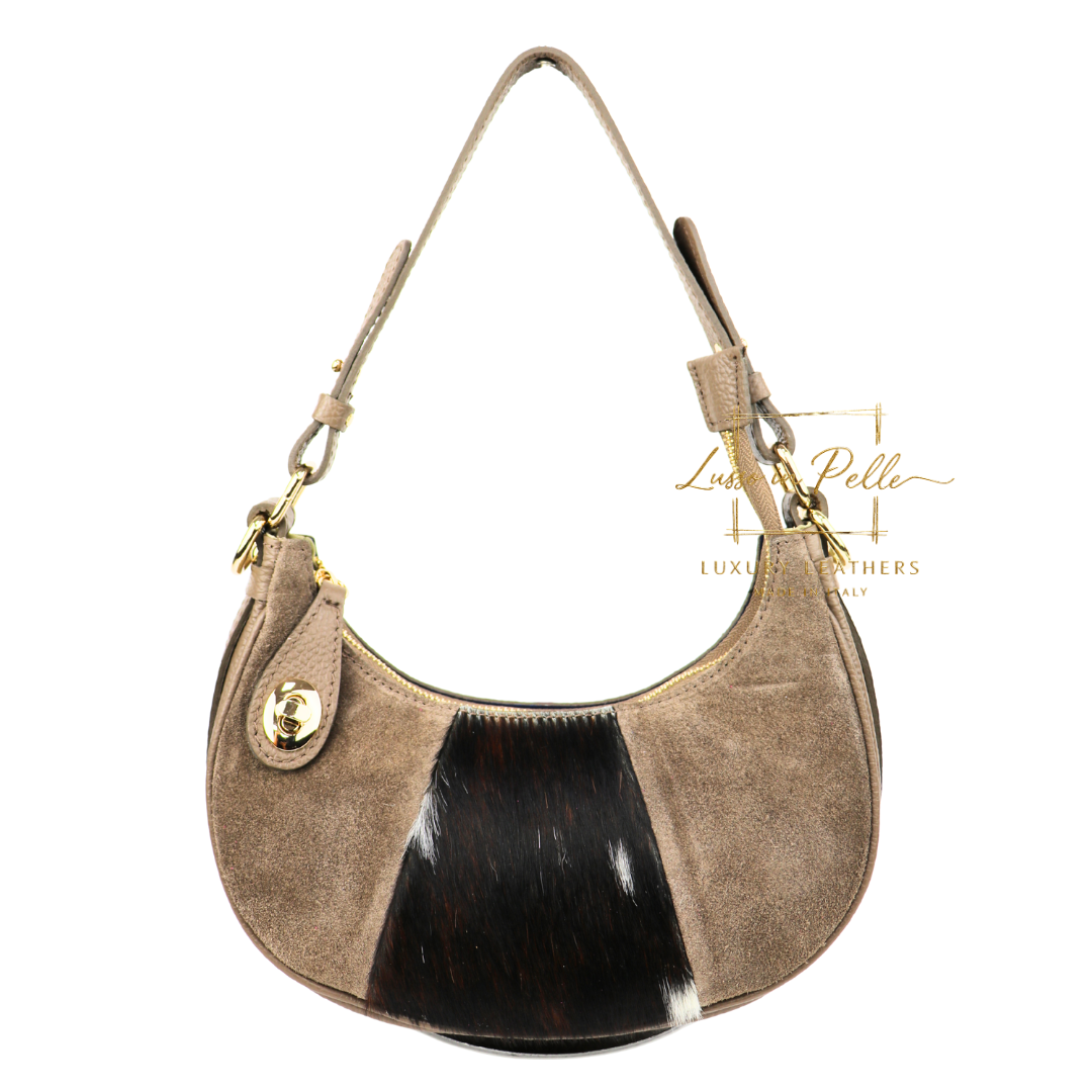 Small Half Moon Genuine Grain Leather Bag with Suede Front & Pony Hair Detail