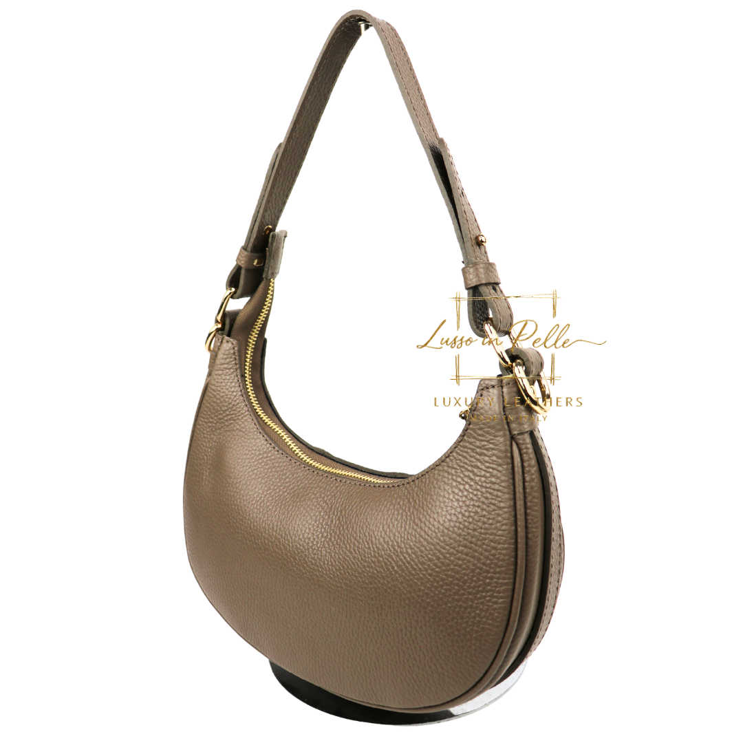 Small Half Moon Genuine Grain Leather Bag with Suede Front & Pony Hair Detail