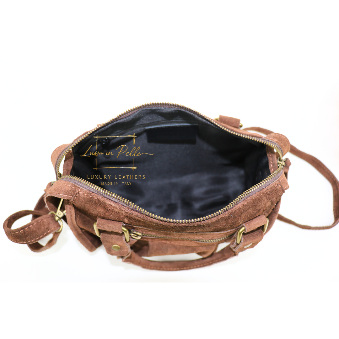 Small Suede Top Handle Crossbody Bag – Soft Genuine Leather Handbag with Detachable Strap