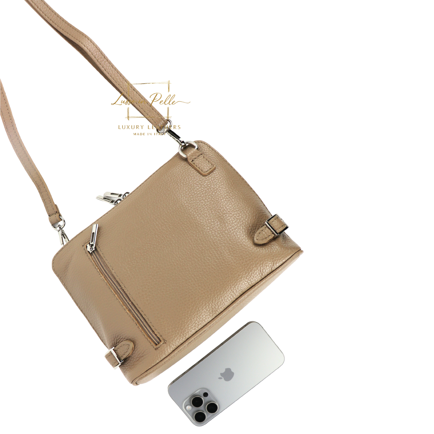 Rectangular Structured Italian Grain Leather Crossbody Bag with Adjustable Straps