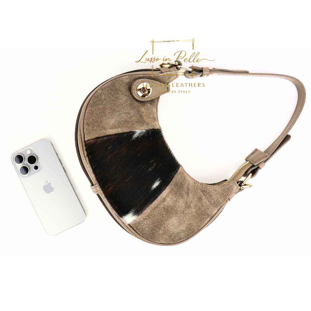 Small Half Moon Genuine Grain Leather Bag with Suede Front & Pony Hair Detail