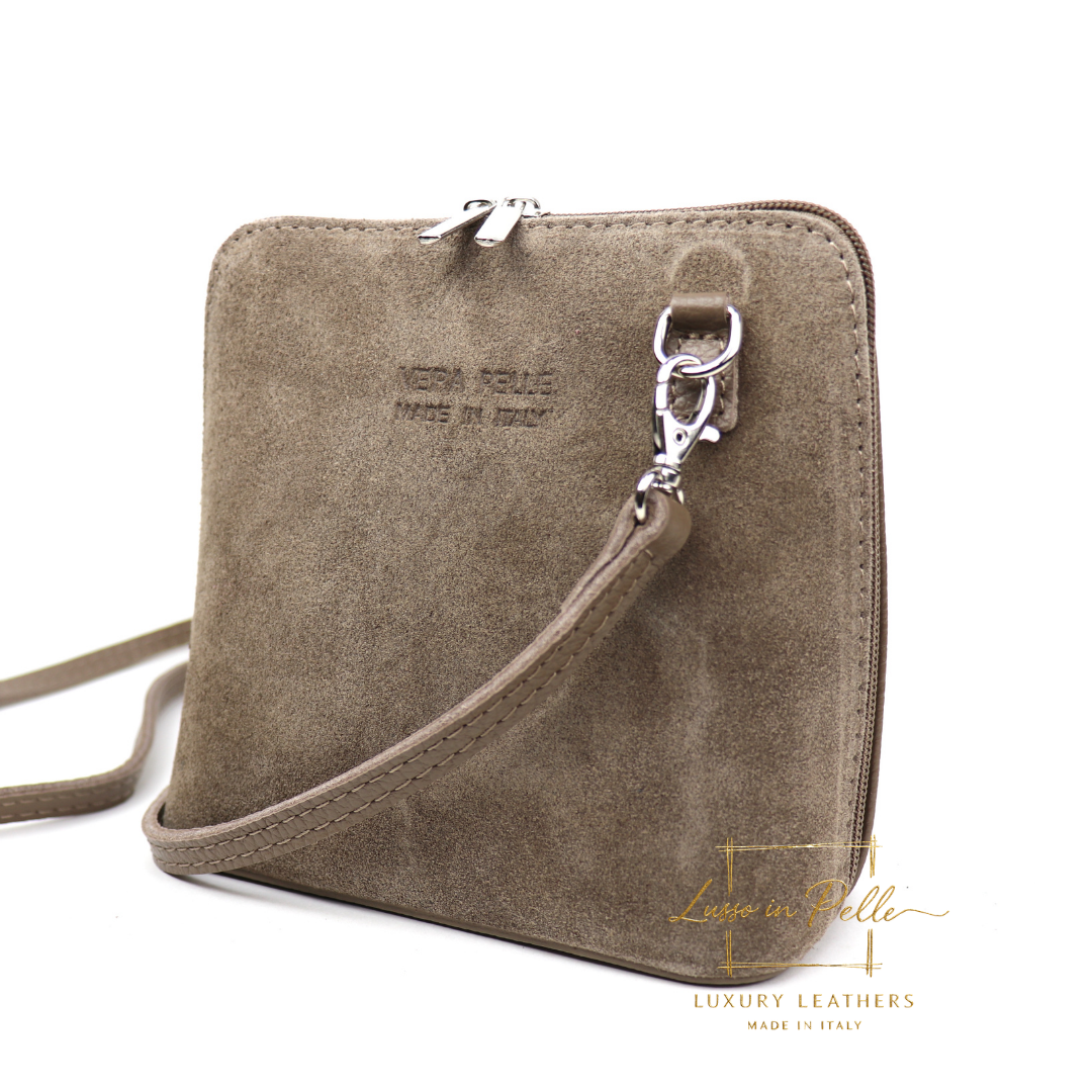 Small Suede Front Grain Leather Handbag with Detachable Straps