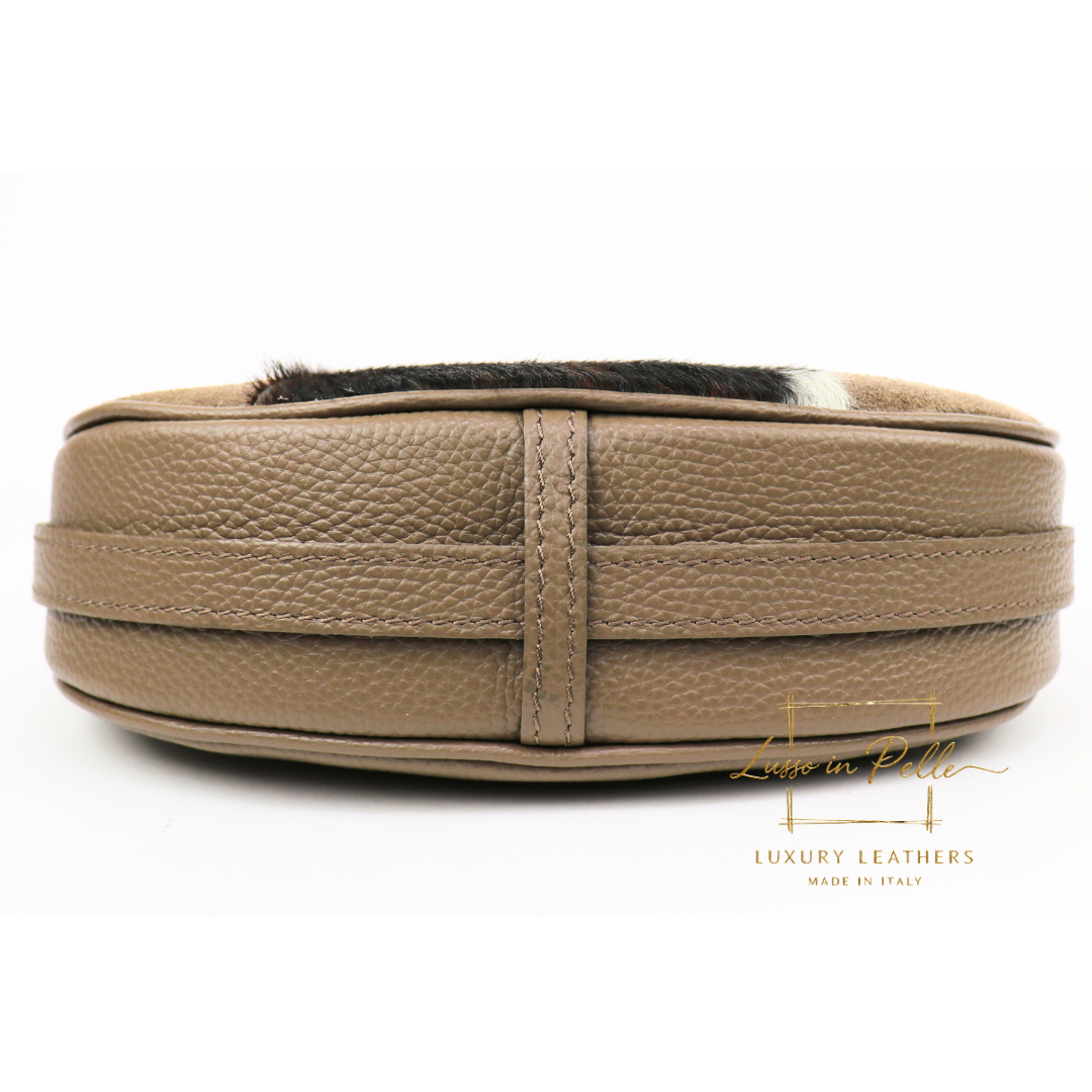 Small Half Moon Genuine Grain Leather Bag with Suede Front & Pony Hair Detail