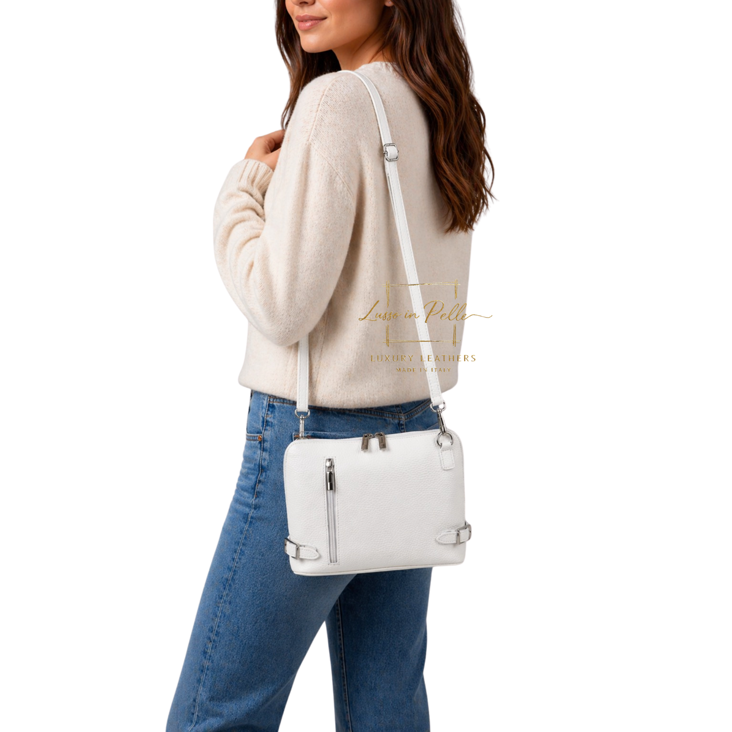 Rectangular Structured Italian Grain Leather Crossbody Bag with Adjustable Straps