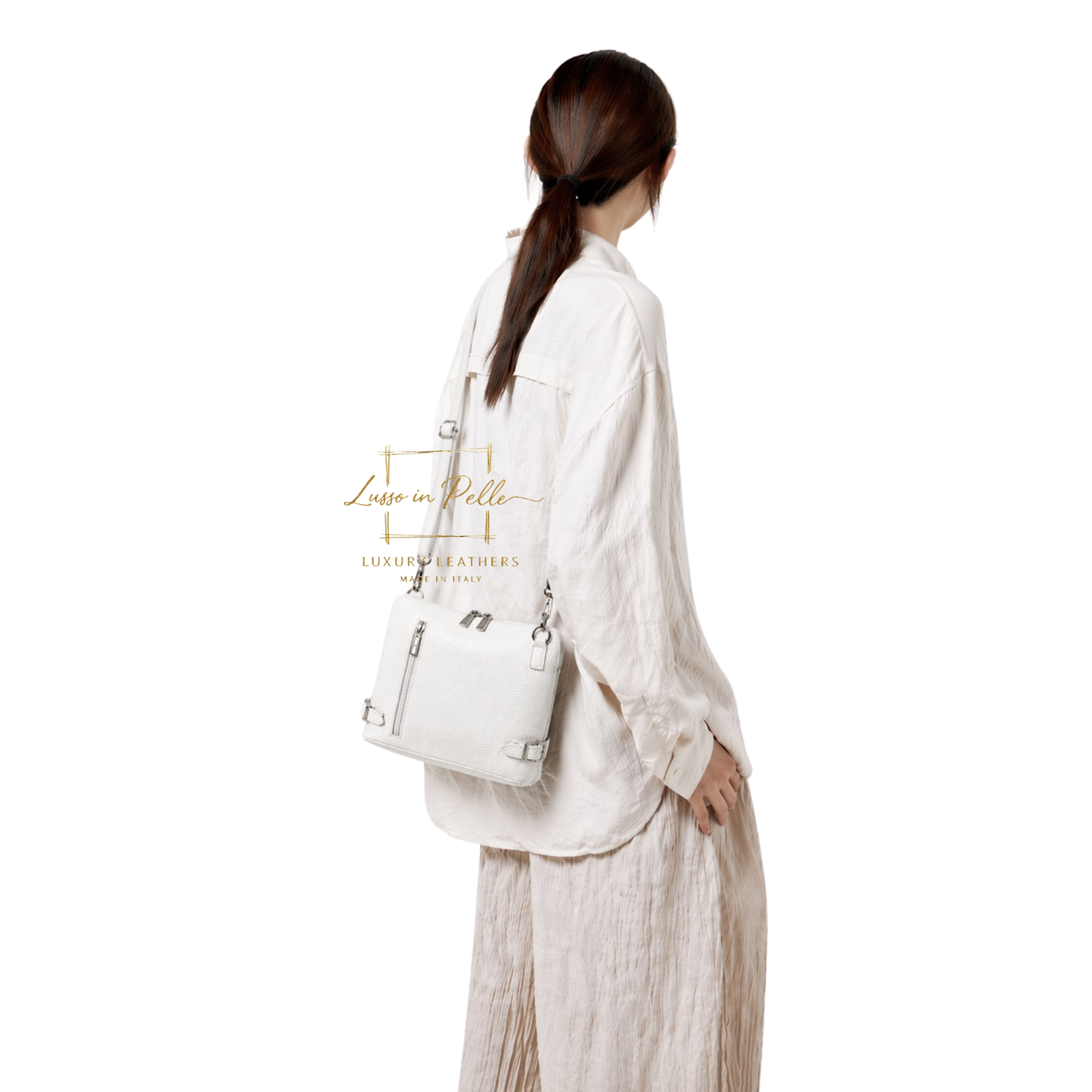 Rectangular Structured Italian Grain Leather Crossbody Bag with Adjustable Straps
